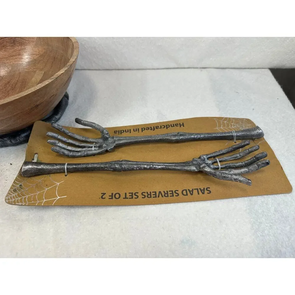 Martha Stewart Collection Halloween Skeleton Wood Bowl & Metal Skeleton Serve